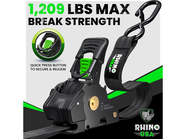 Retractable Ratchet Straps (2-Pack) - 1in x 10ft, 1,209lb, Black 1,209lb Break Strength, Auto Self Retracting Design. For Truck, Cargo Trailer,...