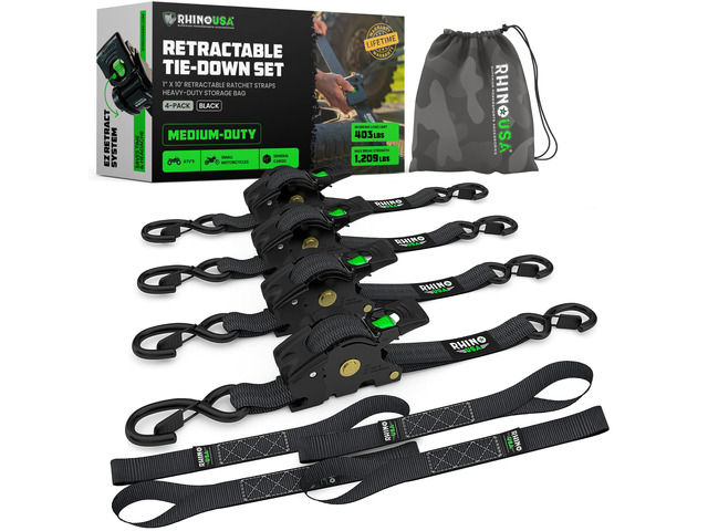 Retractable Ratchet Straps (4-Pack) - 1in x 10ft, Black 1,209lb Break Strength, Auto Self Retracting Design. For Truck, Cargo Trailer, Motorcycle,...