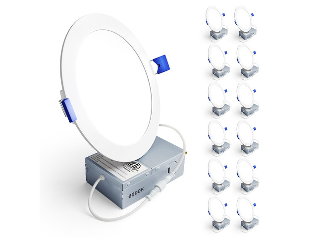 12 Pack 6 Inch LED Recessed Ceiling Light, 6000K, 1200LM 12W 120V 5%-100% Dimming, Ultra-Thin Canless Wafer Downlight with Junction Box, High...