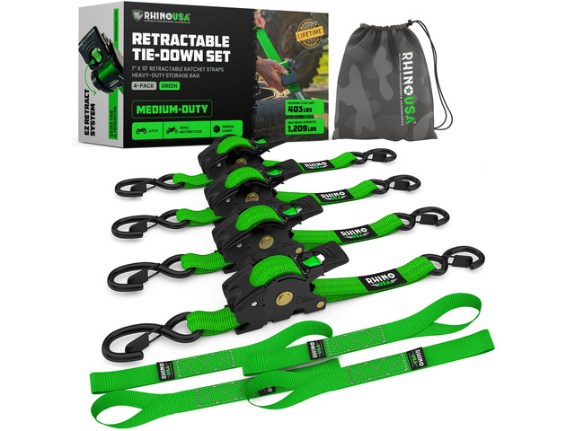Retractable Ratchet Straps (4-Pack) - 1in x 10ft, Green 1,209lb Break Strength, Auto Self Retracting Design. For Truck, Cargo Trailer, Motorcycle,...