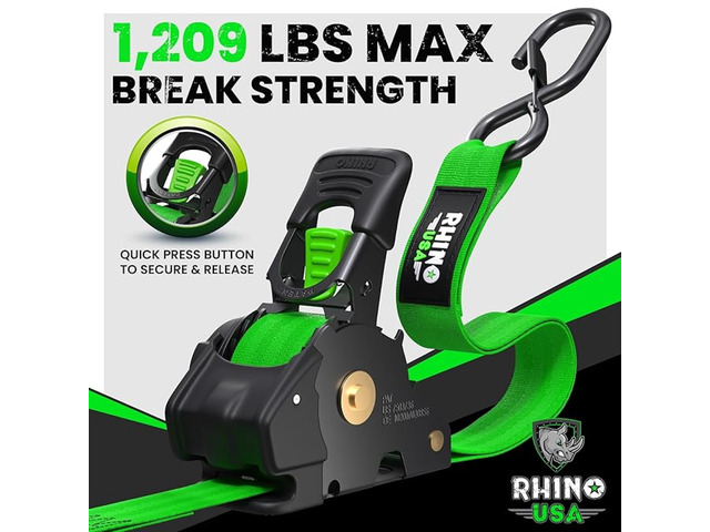 Retractable Ratchet Straps (2-Pack) - 1in x 10ft, 1,209lb, Green 1,209lb Break Strength, Auto Self Retracting Design. For Truck, Cargo Trailer,...