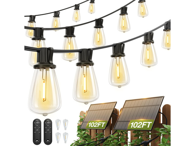 204FT(96*2) Solar String Lights Outdoor,Waterproof Dimmable 60+4 LED Patio Lights with Remote & USB Charging, Timer, 3 Light Modes, Shatterproof,...