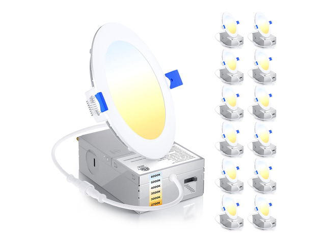 12 Pack 4 Inch LED Recessed Ceiling Light, 6CCT, 750LM 9W 120V 2700K-6000K Selectable, 5%-100% Dimming, Ultra-Thin Canless Wafer Downlight with...