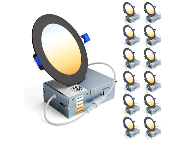 12 Pack 4 Inch LED Recessed Ceiling Light,Balck,5CCT,750LM 9W 2700K-5000K Selectable, 5%-100% Dimming, 120V, Ultra-Thin Canless Wafer Downlight...