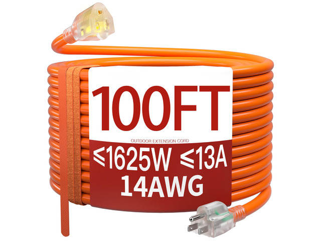 14/3 100 FT Extension Cord Outdoor, Power Cord Orange Heavy Duty Extension Cord 100 Ft, Orange Extension Cords with Lighted end, Flame Retardant,...
