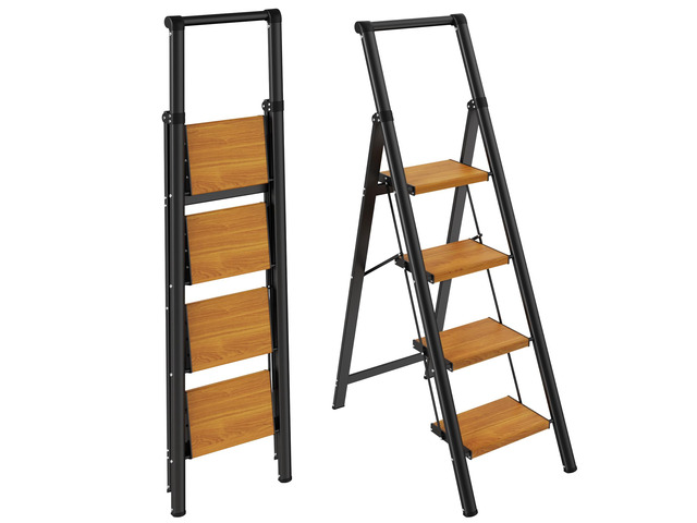 4 Step Ladder, Lightweight Aluminum Folding Step Stool Anti-Slip Wide Pedal, 330lbs Capacity Step Ladder for Household Kitchen Office, BlackWoodgrain