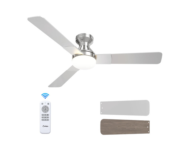 52 Inch Nickel Low Profile Ceiling Fans with Lights and Remote Flush mount, 3-color dimmable light, quiet reversible DC motor, easy install,...