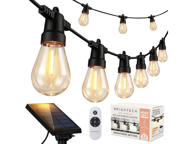 104 (52x2) FT Ambience Pro Solar Powered Outdoor LED String Lights - Waterproof Remote Control Lights - 32 Bulbs, 7W Solar Powered Soft White Light...