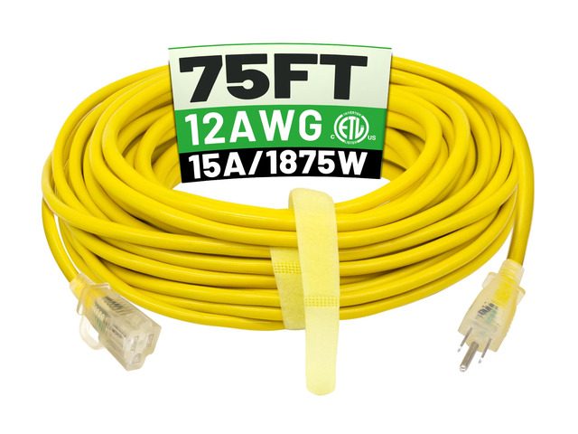 75 FT 12/3 Outdoor Extension Cord Waterproof Heavy Duty Power Cord Waterproof Heavy Duty with Hook, Lighted Indicator End, 75 Foot Flexible...