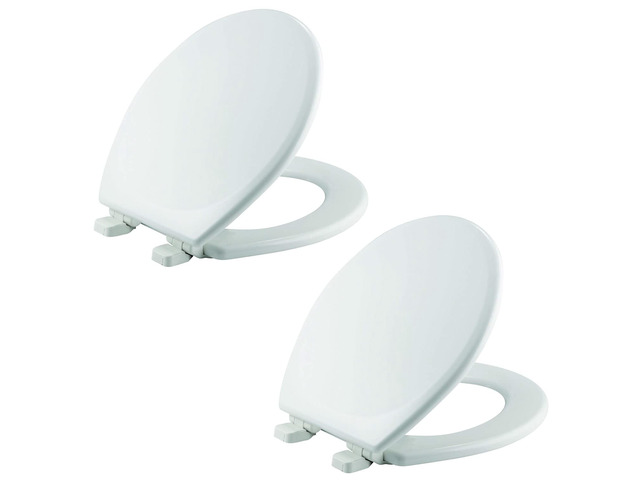 Linden Slow Close Toilet Seat, Non Slip Heavy Duty Wood, Easy Install, Made in USA, Round, White, 2 Pack