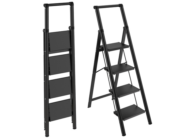 4 Step Ladder, Lightweight Aluminum Folding Step Stool Anti-Slip Wide Pedal, 330lbs Capacity Step Ladder for Household Kitchen Office, Black