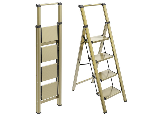 4 Step Ladder, Lightweight Aluminum Folding Step Stool Anti-Slip Wide Pedal, 330lbs Capacity Step Ladder for Household Kitchen Office, Gold