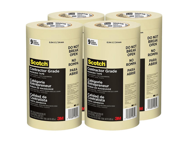 3M Contractor Grade Masking Tape 0.94' x 60 yds Tan 4 Contractor Packs of 9 Rolls Each Durable Vinyl Tape for Versatile Indoor and Outdoor Use