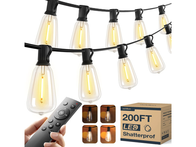 200FT(50FT*4) Outdoor String Lights ST38 LED with Remote Waterproof Dimmable Shatterproof Replaceable Bulbs, Connectable Hanging Strand for Porch...