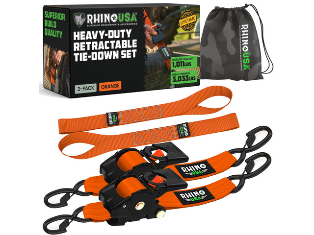 Retractable Ratchet Straps (2-Pack) - 2in x 10ft, 3,033lb, Orange Heavy Duty Auto Self Retracting Tie Downs. For Truck, Cargo Trailer, Motorcycle &...