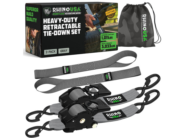 Retractable Ratchet Straps (2-Pack) - 2in x 10ft, 3,033lb, Gray Heavy Duty Auto Self Retracting Tie Downs. For Truck, Cargo Trailer, Motorcycle &...