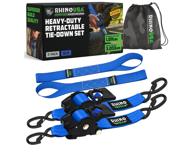 Retractable Ratchet Straps (2-Pack) - 2in x 10ft, 3,033lb, Blue Heavy Duty Auto Self Retracting Tie Downs. For Truck, Cargo Trailer, Motorcycle &...