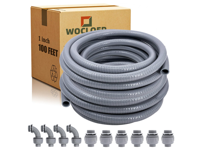 Liquid-Tight Conduit - 1inch 100 Foot Flexible Non Metallic Liquid Tight Electrical Conduit Kit, with 6 Straight and 4 Angle Fittings Included. 1' Dia