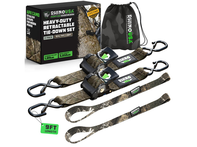 Retractable Ratchet Straps (2-Pack) - 2in x 9ft, 3,033lb, Camo Heavy Duty Auto Self Retracting Tie Downs. For Truck, Cargo Trailer, Motorcycle &...