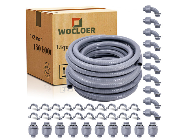 1/2 inch 150 Foot Liquid-Tight Conduit and Connector Kit, Flexible Non Metallic Electrical Conduit, With 10 Straight and 10 Angle Fittings and Pipe...