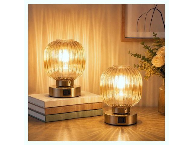 Touch Table Lamp Set of 2, 3-Way Dimmable with Glass Shade, USB-C+A Charging Ports, Mid-Century Modern Small Bedside Lamps for Nightstand, Bedroom,...