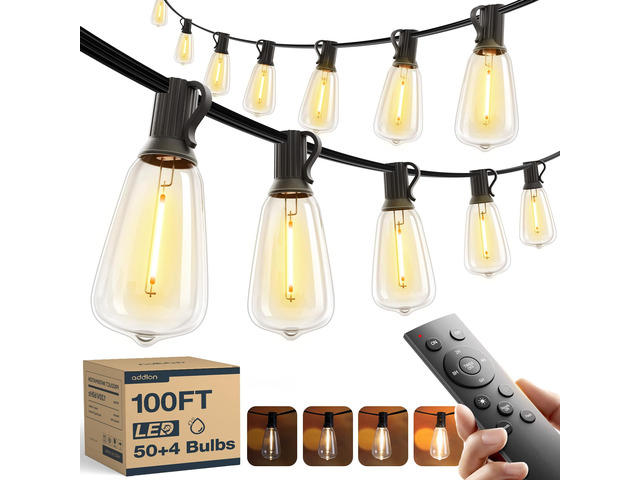 100FT(50FT*2) Outdoor String Lights ST38 LED with Remote Waterproof 54 Dimmable Shatterproof Replaceable Bulbs, Connectable Hanging Strand for...