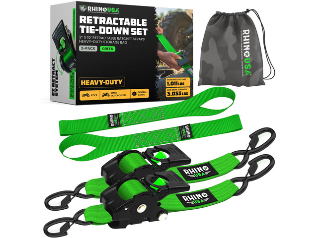 Retractable Ratchet Straps (2-Pack) - 2in x 10ft, 3,033lb, Green Heavy Duty Auto Self Retracting Tie Downs. For Truck, Cargo Trailer, Motorcycle &...
