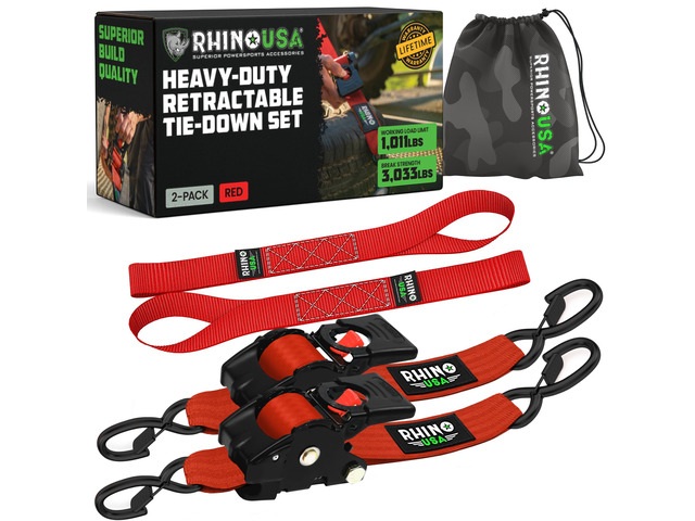 Retractable Ratchet Straps (2-Pack) - 2in x 10ft, 3,033lb, Red Heavy Duty Auto Self Retracting Tie Downs. For Truck, Cargo Trailer, Motorcycle &...