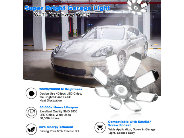 Garage Lighting - Ultra Brighter 20,000LM Garage Daylight 6500K E26/E27 Screw in Garage Bulbs w/ 8 Deformable Panels Compatible for Workshop...