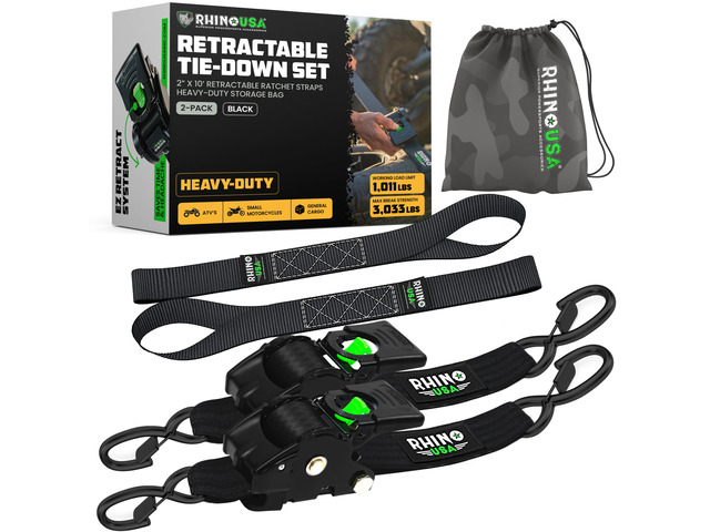 Retractable Ratchet Straps (2-Pack) - 2in x 10ft, 3,033lb, Black Heavy Duty Auto Self Retracting Tie Downs. For Truck, Cargo Trailer, Motorcycle &...