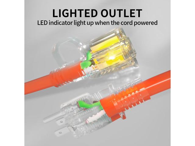 25 FT 12/3 Outdoor Extension Cord Waterproof Heavy Duty Power Cord Waterproof Heavy Duty with Hook, Lighted Indicator End, 25 Foot Flexible...