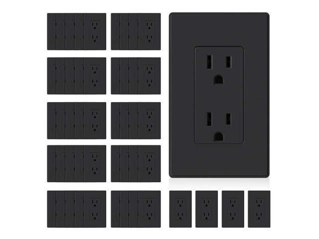 Matte Black Standard Decorator Electrical Wall Receptacle Outlet, 15A 125V, 2 Pole 3 Wire, Non-Tamper Resistant, NEMA 5-15R, Self-Grounding, Wall...