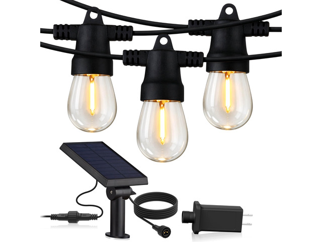 Ambience Hybrid Outdoor String Lights - Dual Plug and Solar Powered Waterproof LED Light String for Outside - 48 Ft, Soft White Edison Bulbs, for...