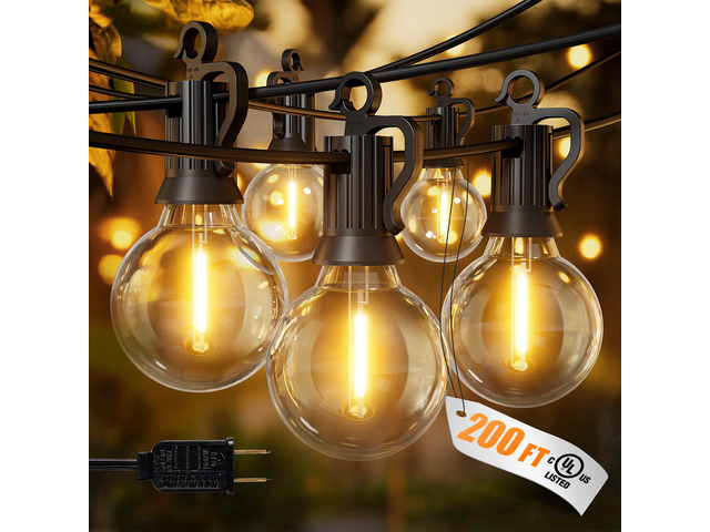 Outdoor String Lights, 200FT 100+2 G40 Bulbs Shatterproof Patio Lights IP65 Waterproof Dimmable Hanging Connectable Globe LED Outdoor Lights for...