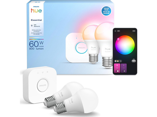 Essential Starter Kit: Hue Bridge, 2 Essential E26 Smart Bulbs, White & Color Ambiance, 2200K-6500K, Dimmable LED Bulbs, Works with Alexa, Google...