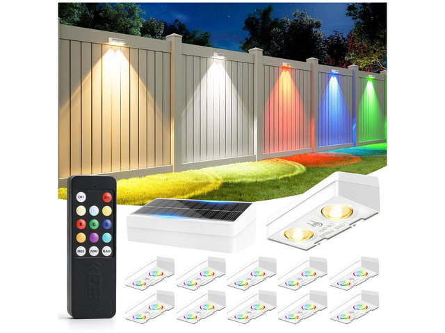 Fence Lights Solar Powered with Remote, 9 Fixed Colors Color Changing White Fence Lights Waterproof IP65 Dusk-to-Dawn LED Deck Lighting for Patio,...