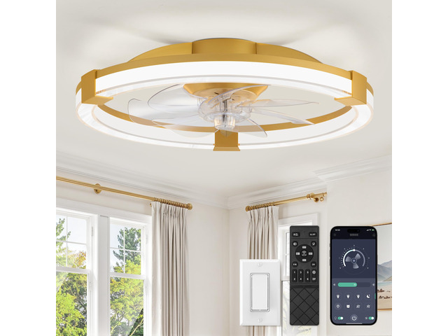 Ceiling Fan with Light 20' Low Profile Fandelier with Remote Gold 6 Speeds, Reversible, Dimmable Flush Mount Fan Light, Modern Ceiling Fan with...