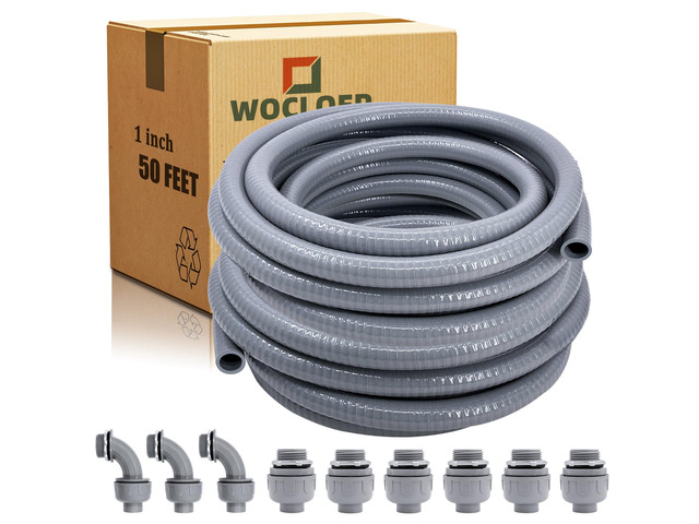 Liquid-Tight Conduit - 1inch 50 Foot Flexible Non Metallic Liquid Tight Electrical Conduit Kit, with 6 Straight and 3 Angle Fittings Included. 1' Dia