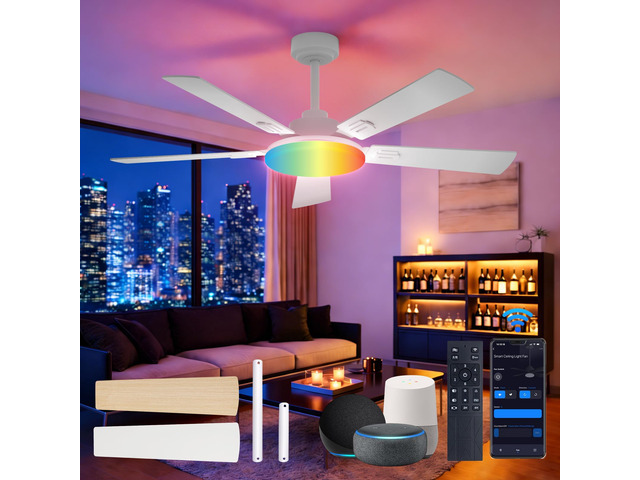 52' RGB Smart Ceiling Fans with Lights, Downrod Mount White RGB Light, Music Sync, 3CCT Dimmable, Compatible with Alexa/Remote/App, Quiet 6 speeds...