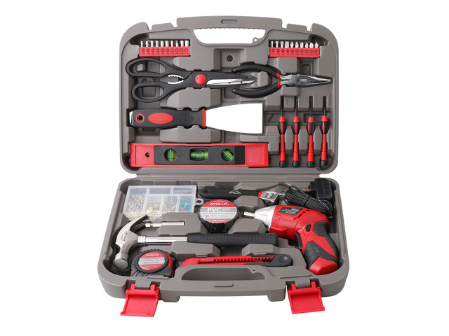 Tools 135 Piece Household Tool Set, Red DT0773 Pivoting Dual-Angle 3.6 Volt Lithium-Ion Cordless Screwdriver, Most-Needed Tools and Hanging Assortment