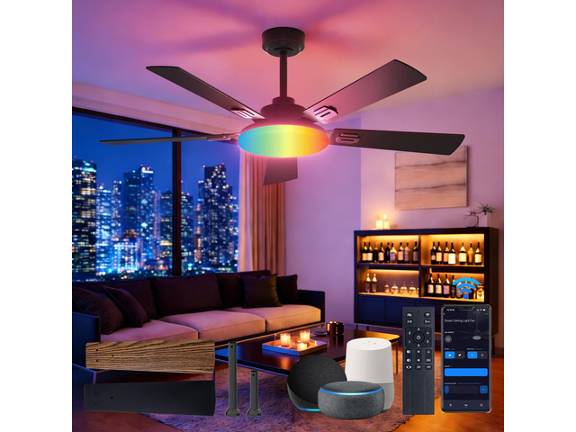 52' RGB Smart Ceiling Fans with Lights, Downrod Mount, Black RGB Light, Music Sync, 3CCT Dimmable, Compatible with Alexa/Remote/App, Quiet 6 speeds...