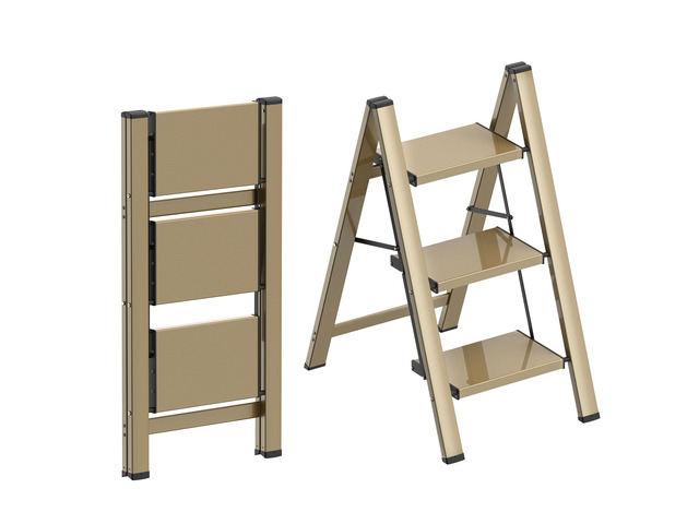 3 Step Ladder, Lightweight Aluminum Folding Step Stool Anti-Slip Wide Pedal, 330lbs Capacity Step Ladder for Household Kitchen Office, Gold