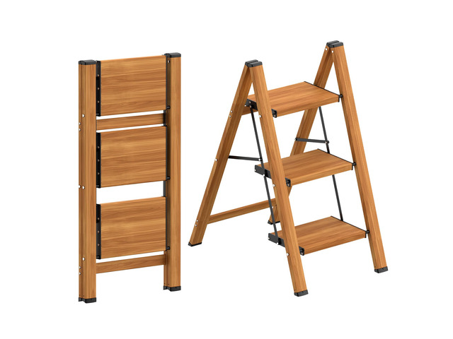 3 Step Ladder, Lightweight Aluminum Folding Step Stool Anti-Slip Wide Pedal, 330lbs Capacity Step Ladder for Household Kitchen Office, Woodgrain