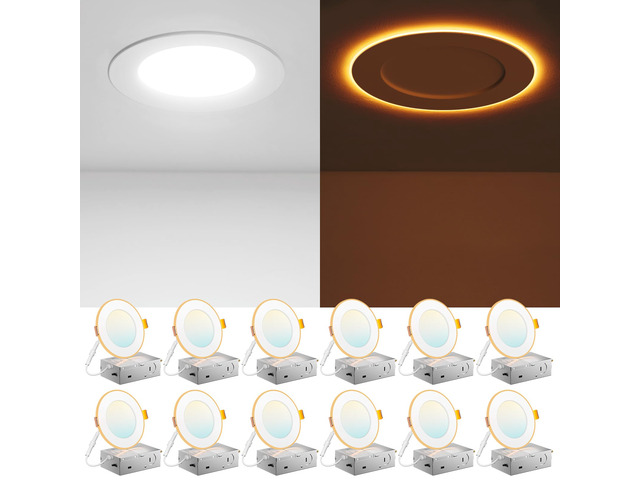 12 Pack 4 Inch LED Recessed Light with Night Light, 5CCT, 700LM Ultra-Thin Ceiling Light, 5%-100% Dimmable, No Flicker, 2700K-5000K, Canless Wafer...
