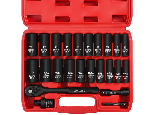 24 Piece 3/8' Socket Ratchet Wrench Set, Deep SAE (7/16 to 1 inch) and Metric (13-19mm, 21, 22, 24mm) 6 Point, with Ratchet Handle, Extension Bar,...