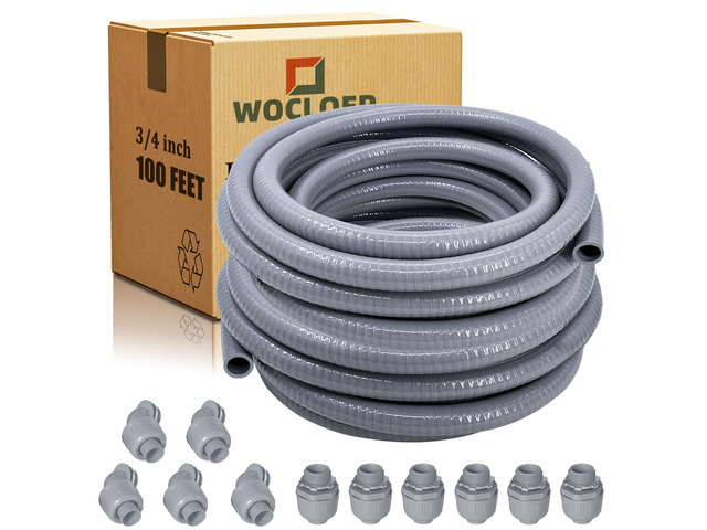 3/4 inch 100Ft Liquid-Tight Conduit Kit, Flexible Non Metallic Electrical Conduit, with 6 Straight and 5 Angle Fittings Included. 3/4' Dia