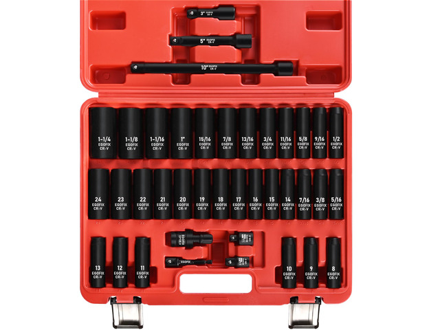 1/2 Drive Impact Deep Socket Set, 39 Pieces Metric(8-24mm)/SAE(5/16 to 1-1/4), CR-V Steel Tool Set with 3, 5, 10 Extension Bar, Adapters