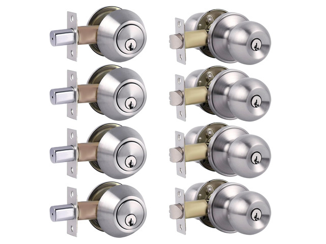 Single Cylinder Deadbolt Lock and Door Knob, Satin Nickel, 4pack-Set Keyed Alike, For Front Door