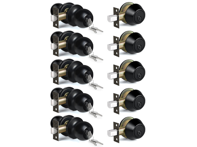 5 Pack Exterior Door Knob with Key Lock and Deadbolt, Keyed Alike Matte Black, Door Knob and Single Cylinder Deadbolt Combination Set