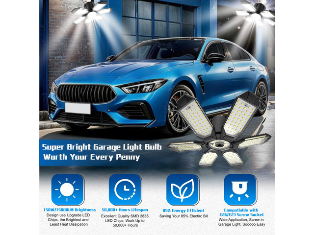 LED Garage Lights - 30000LM Super Brighter Garage Lighting w/ 6 Deformable Panels 6500K Led Shop Lights E26 Screw in Base for Basement Workshop...